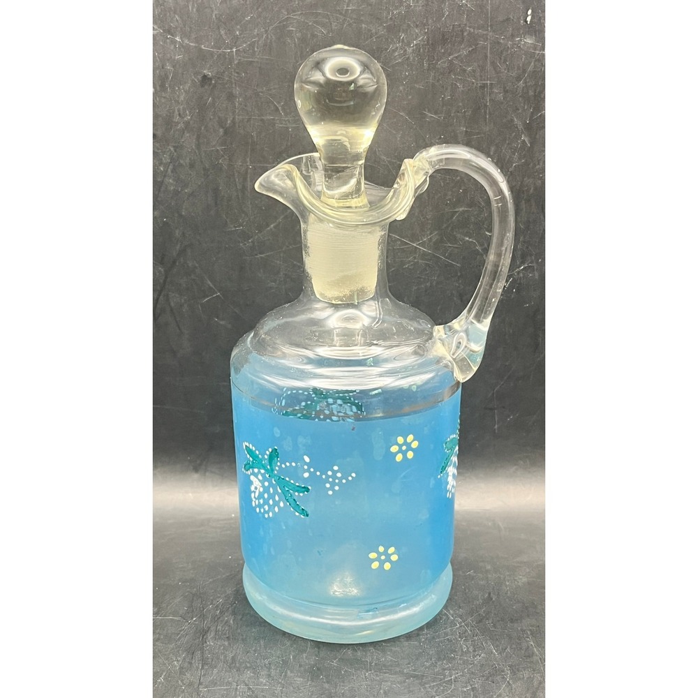 Vtg MCM Blue Frosted‎ Hand Painted Hand Blown Glass Cruet Stopper Berry As Is 7"